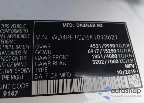 2019 Mercedes-Benz Sprinter 3500 High Roof V6 z USA, uszkodzony, nr VIN WD4PF1CD6KT013621